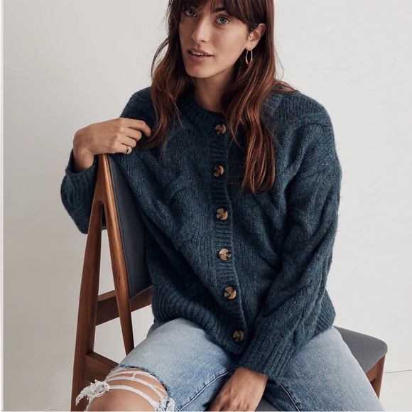 Madewell Cable Ashmont Cardigan Sweater in Heather Mineral Blue Sz S - Picture 1 of 10